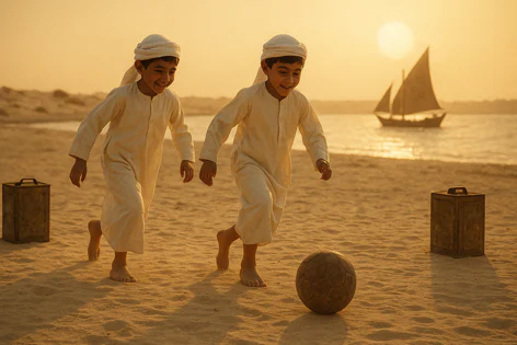 Two smiling boys in traditional attire joyfully playing soccer on a beach as the sun sets behind a sailboat on the water.