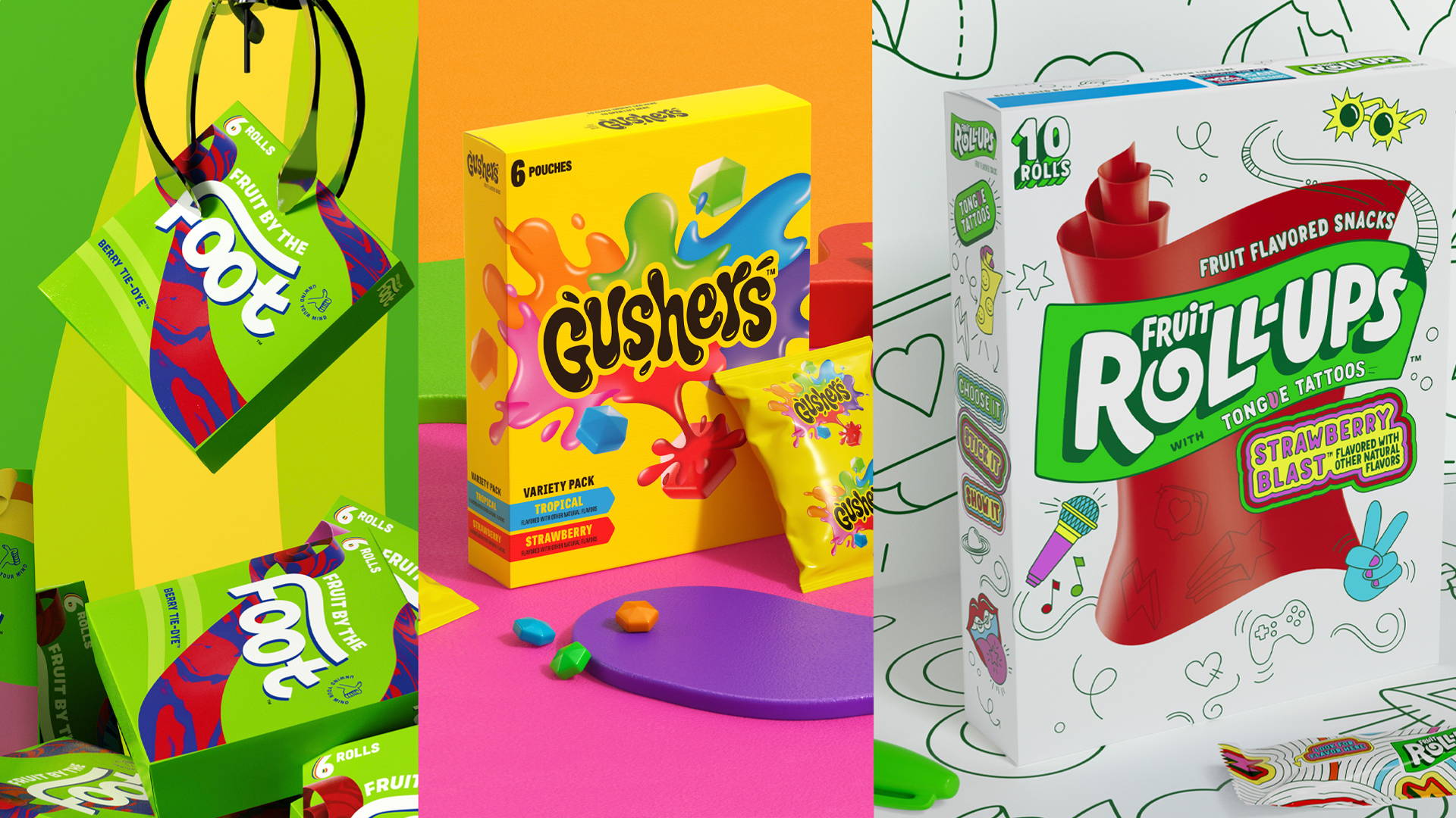Featured image for Fruit By The Foot, Gushers, and Fruit Roll-Ups Get a Modernized Look Courtesy of Pearlfisher