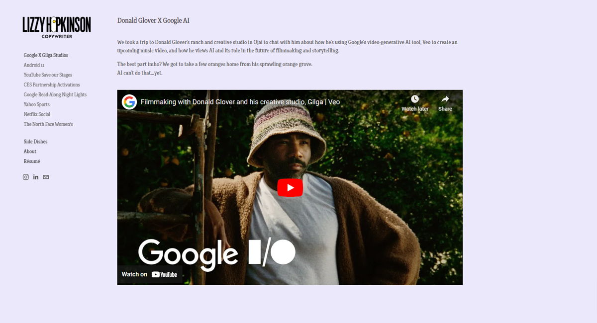 Screenshot of Lizzy Hopkinson, from the copywriting portfolios collection.
