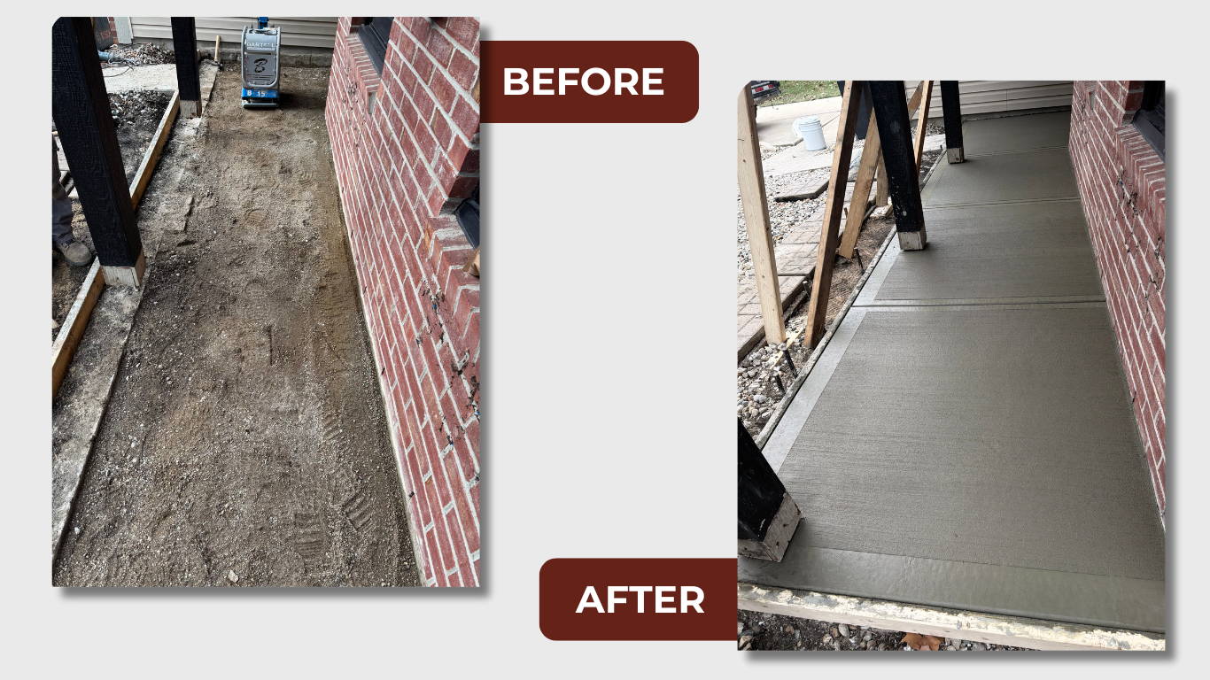 Side-by-side images showing a concrete pathway before and after build. 