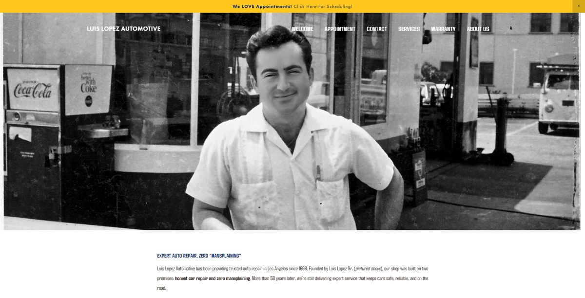 Screenshot of Luis Lopez Automotive, from the auto repair websites collection.