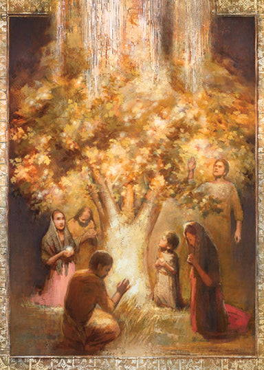 Individuals kneeling around the Tree of Life.