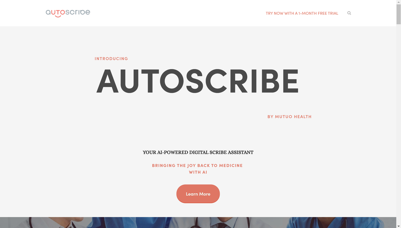 Screenshot of Auto Scribe's website landing page, an AI scribe