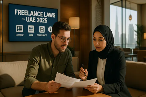Man and woman wearing hijab discuss documents in an office while a screen displays 'Freelance Laws - UAE 2025' with license, visa, compliance icons.