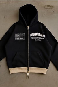 GEOGARVANI Technical Streetwear Zip Hoodie — Beige Hem