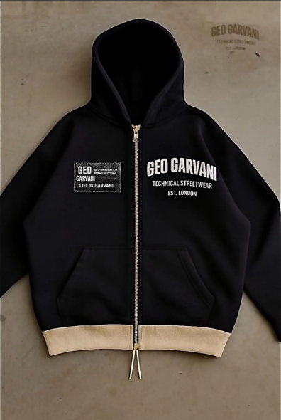 GEOGARVANI Technical Streetwear Zip Hoodie — Beige Hem
