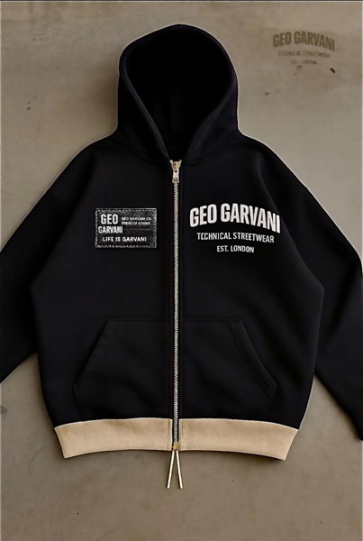 GEOGARVANI Technical Streetwear Zip Hoodie — Beige Hem
