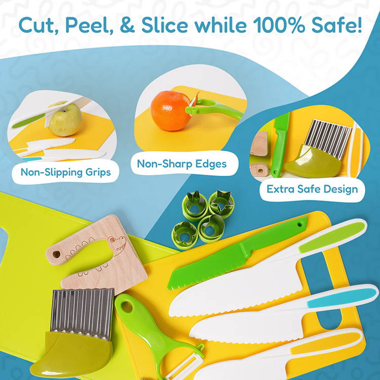 Infographic showcasing the safety of the Montessori Cooking Tools kitchen set.