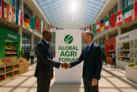 Two men in suits shake hands in front of a "GLOBAL AGRI FORUM" banner at a conference hall, with national flags and food tech displays.