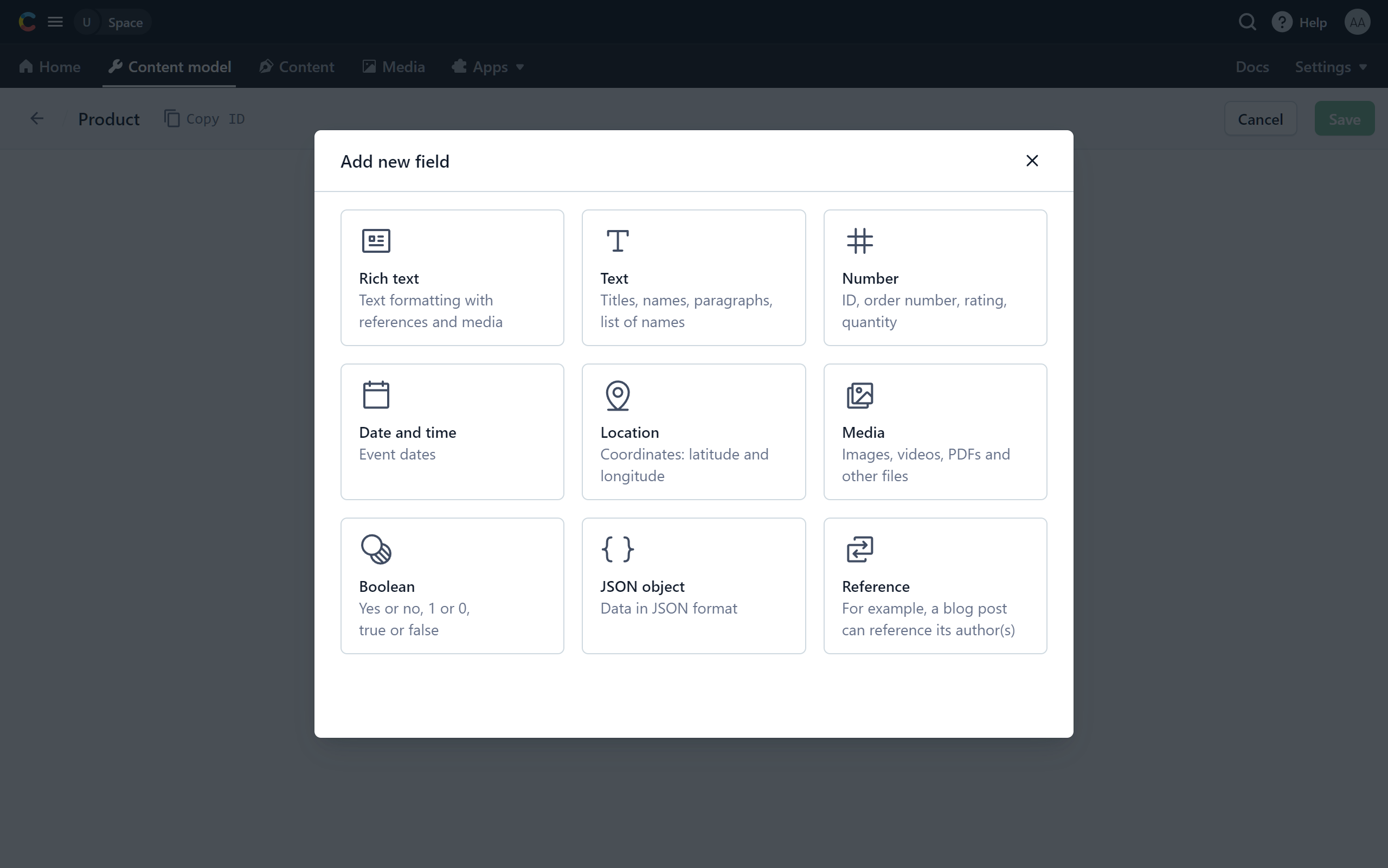 Contentful field creation dialog