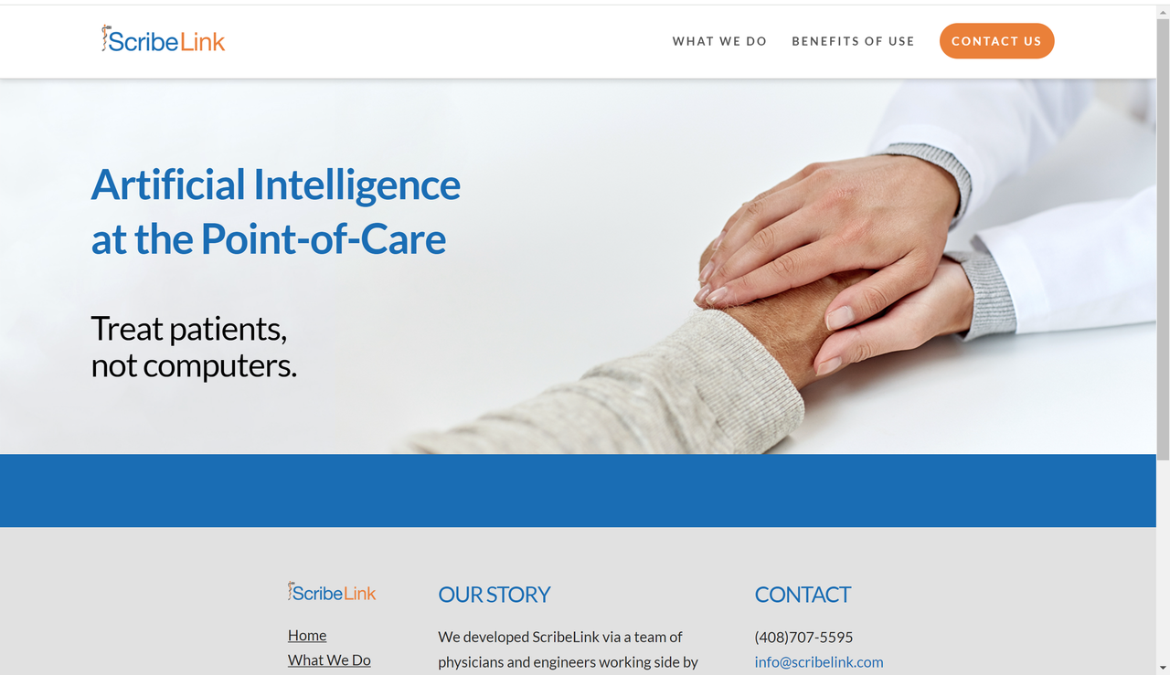 Screenshot of Scribe Link's website landing page, an AI scribe