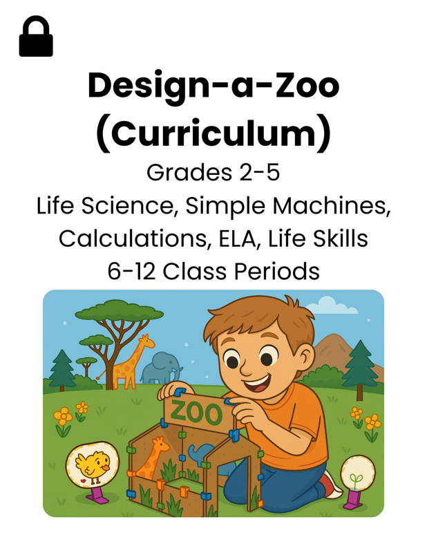 Child building a cardboard zoo model with animals and simple machines for a hands-on STEM life science and engineering Design-a-Zoo project.