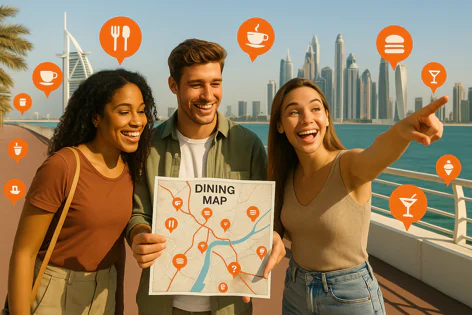 Three happy friends hold a dining map while standing by the water with the Dubai skyline in the background, pointing and smiling.