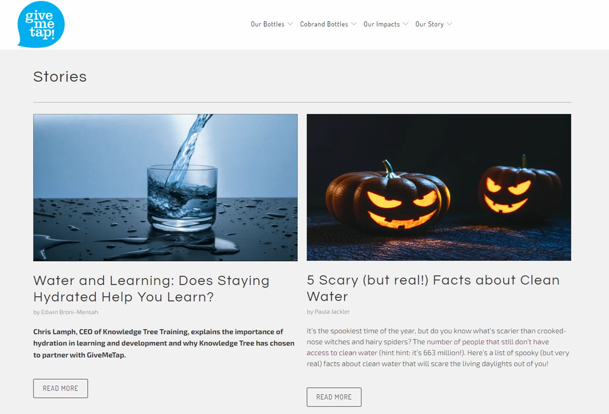 Screenshot of Stories by Give Me Tap!, from the shopify blog examples collection.