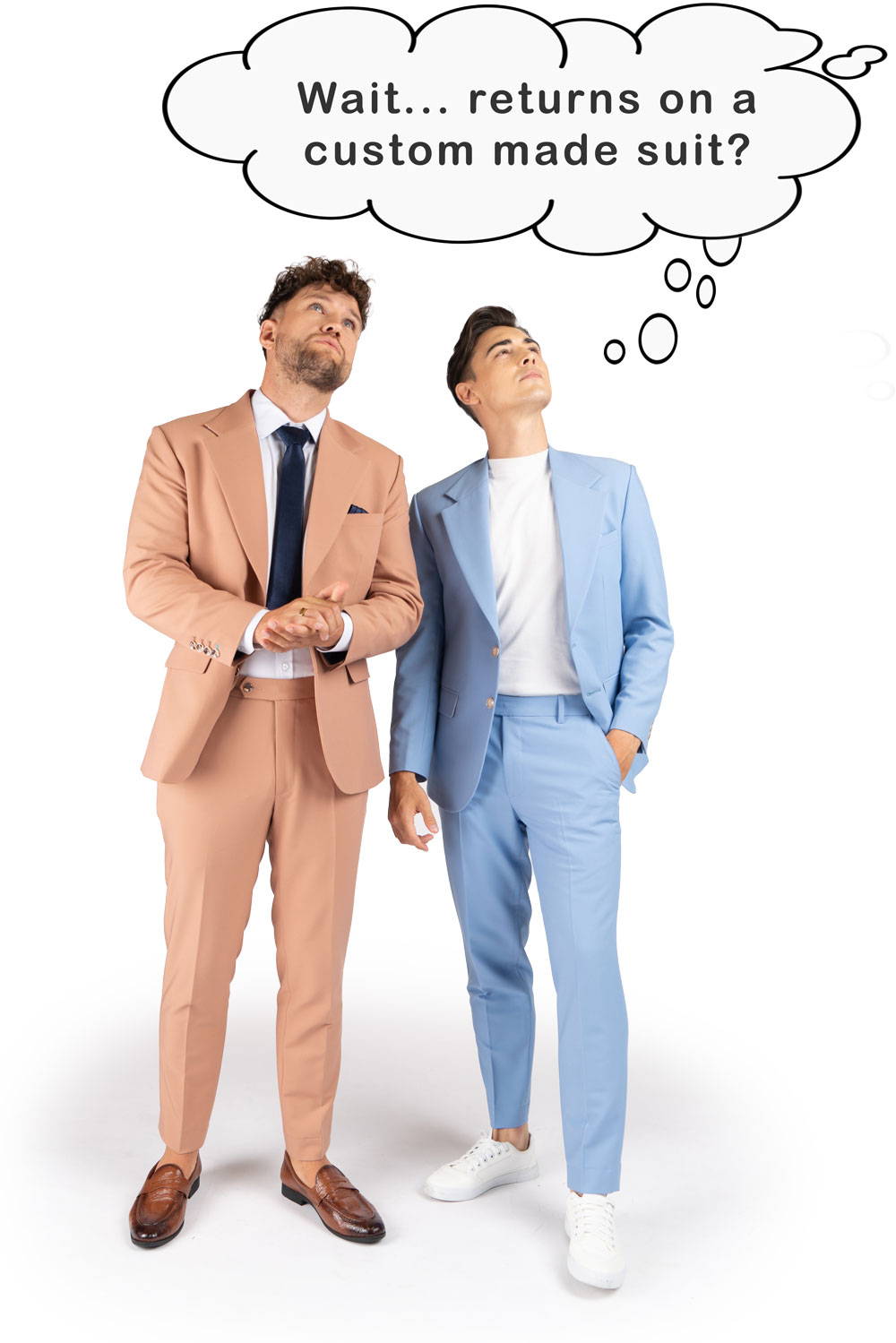 two men in suits pondering about getting a return on their suit