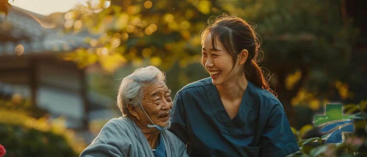 Nurse sharing a joyful moment with an elderly patient outdoors.