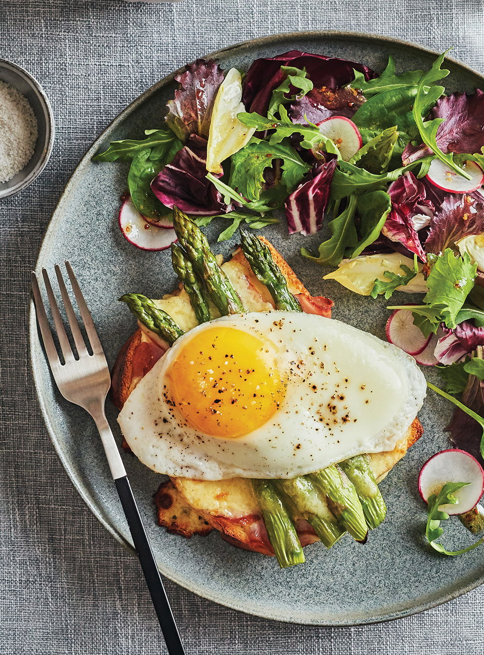 Porchetta and Asparagus Croque Madame with Cheddar Mornay Sauce | RICARDO