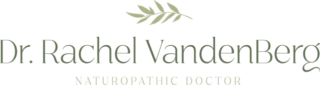 Naturopathic logo with a green botanical icon and the text “Dr. Rachel VanderBerg” and “Naturopathic Doctor” in green serif f