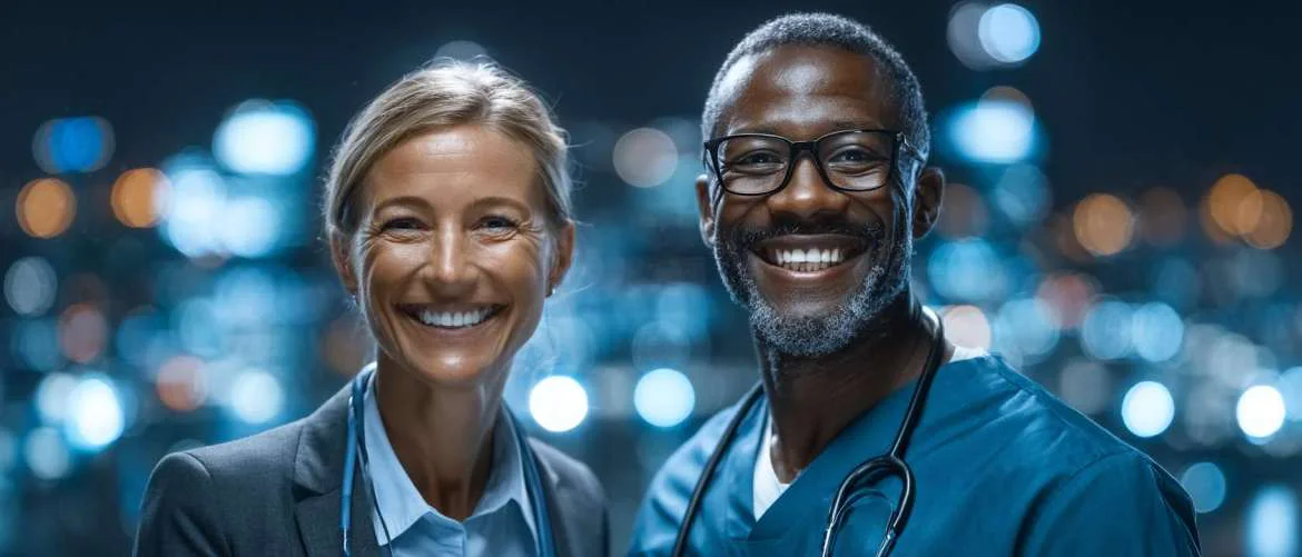 Diverse healthcare professionals connecting in futuristic, sunlit staffing agency scene