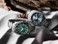 Two Seiko Porspex green and blue dial on steel straps