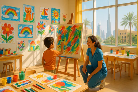 Young boy paints abstract art on an easel while a teacher smiles beside him in a bright art classroom filled with colorful child paintings and city views.