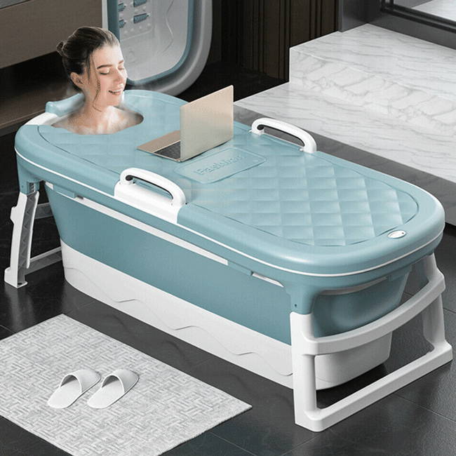 Portable Bathtub for Adults, Foldable Tub Household Bath Basin, Constant Temperature with Cover Blue 54inches