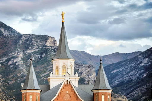 Provo City Center Temple steeples rising above the mountains.