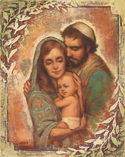 Mary, Joseph, and baby Jesus huddled close together.