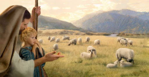 Jesus the good shephered showing a little boy a field of sheep.