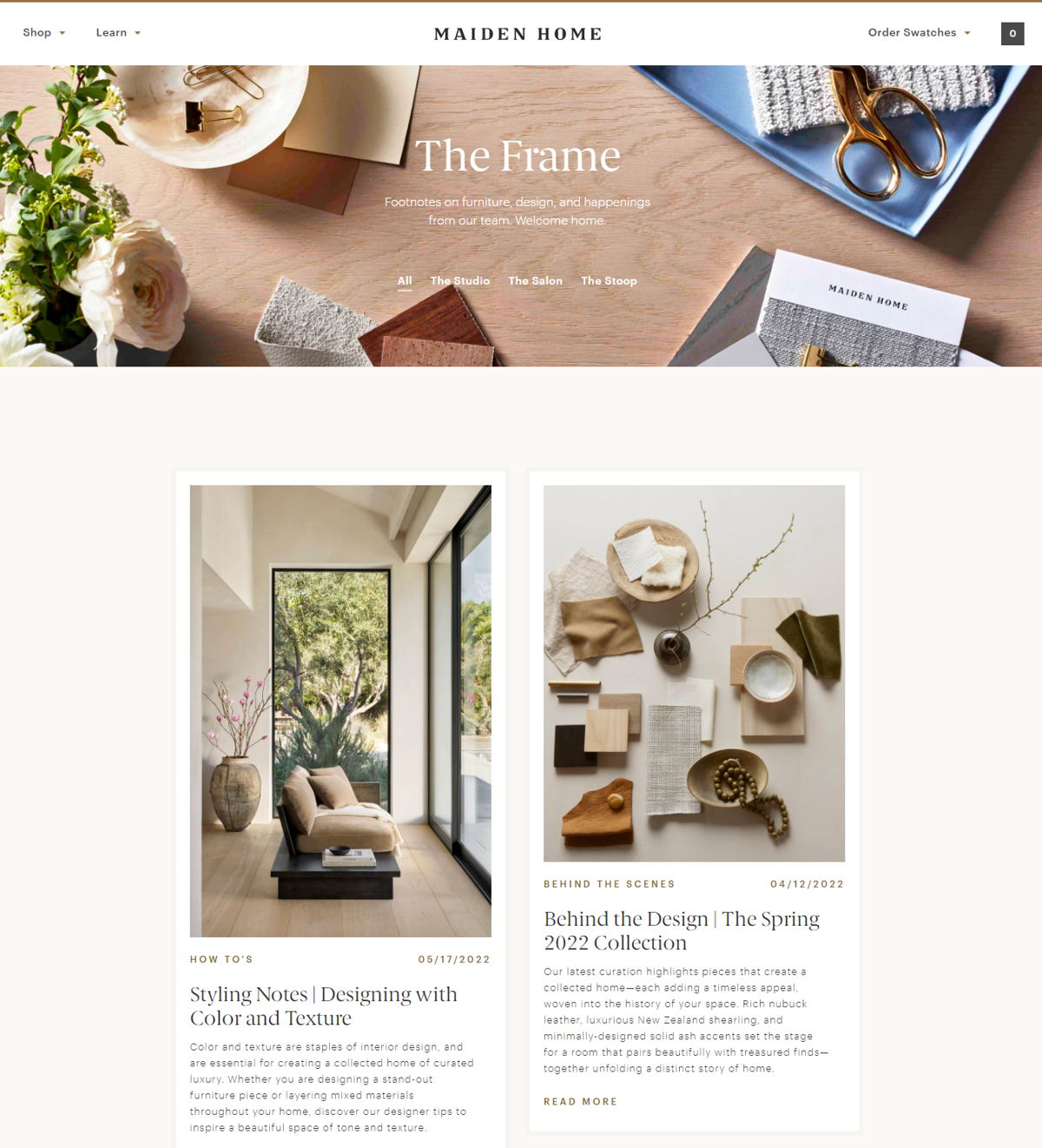 Screenshot of Maiden Home Blog, from the shopify blog examples collection.