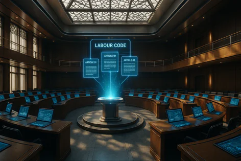 A formal courtroom or hall with rows of desks and laptops, featuring a central glowing podium projecting holographic displays of 'Labour Code' and articles.