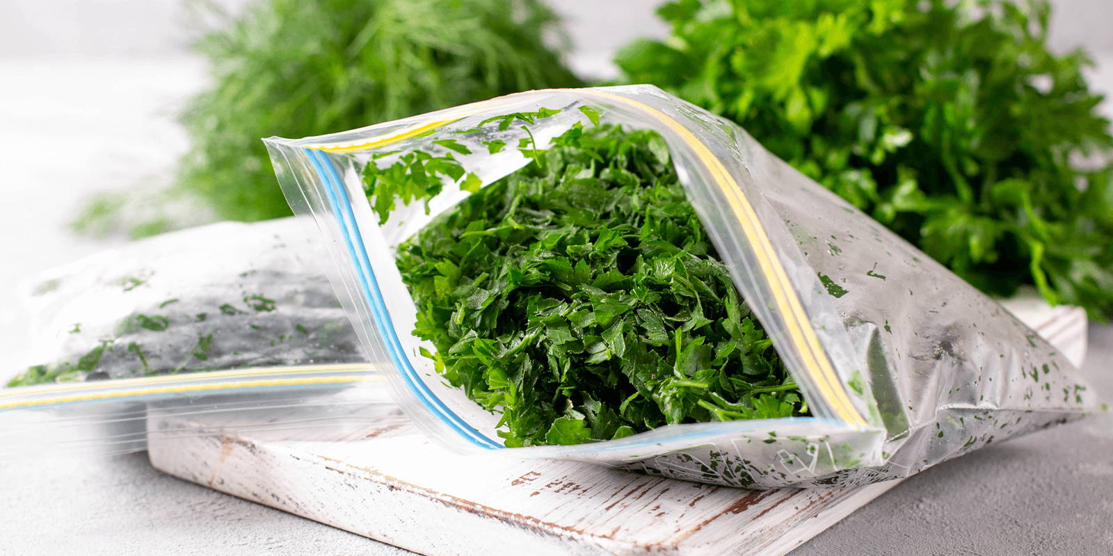 Frozen, bagged herbs sit on counter.