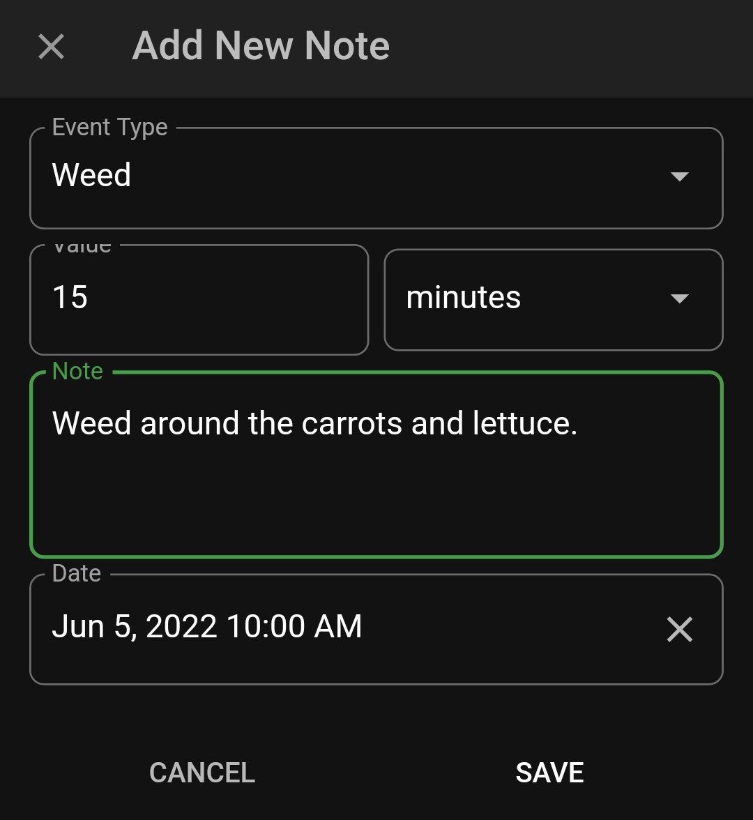 Screenshot of an event for weeding in Planter