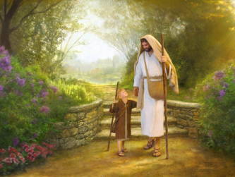 Jesus walking with a young shepherd boy through a garden.