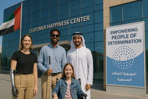 Smiling diverse group of people of determination stand outside a Customer Happiness Center building with an empowerment sign visible.