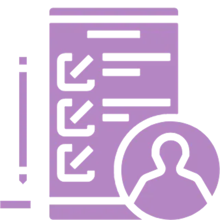 Checklist on a purple clipboard with a user avatar overlay and a vertical pencil nearby.