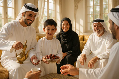 A smiling Emirati family shares traditional Arabic coffee and dates in a sunlit room. A man pours coffee, a boy offers dates, and others smile warmly.