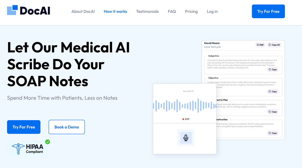 Screenshot of Doc AI's website landing page, an AI scribe