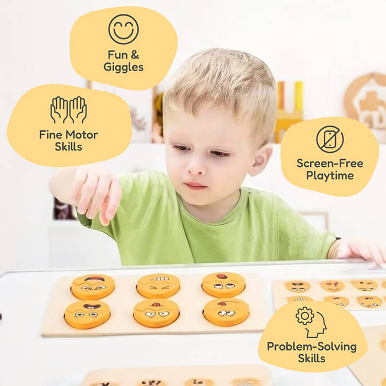 All pieces of the Montessori Funny Egg Faces toy on display.