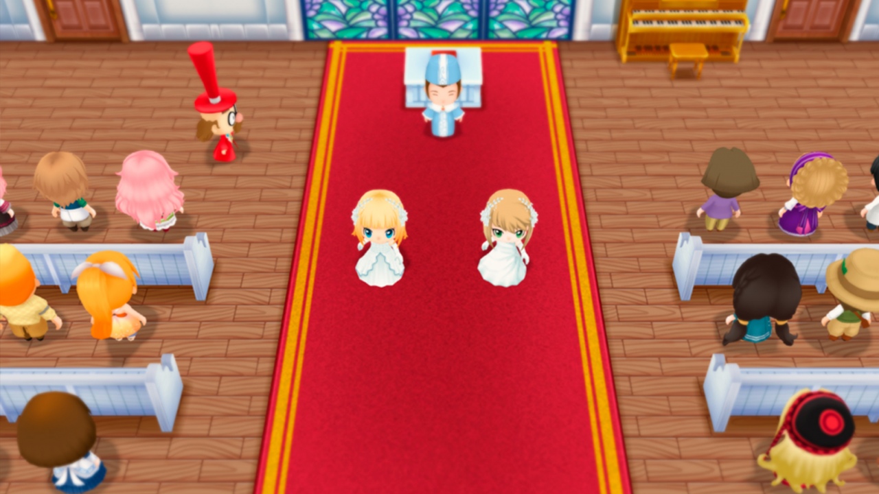 A female protagonist walks down the aisle with a female partner while the town attends.