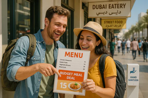 A smiling couple looks at a street food menu board outside 'Dubai Eatery', pointing at a budget meal deal price.