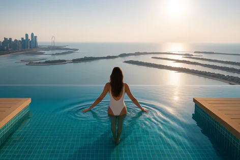 Woman in a white swimsuit relaxes in an infinity pool, looking out over the vast ocean, artificial islands like Palm Jumeirah, and the distant Dubai city skyline at sunset.