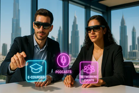 Professionals in AR glasses interact with holographic e-courses, podcasts, and networking event icons in an office with a city view, showcasing immersive digital learning.
