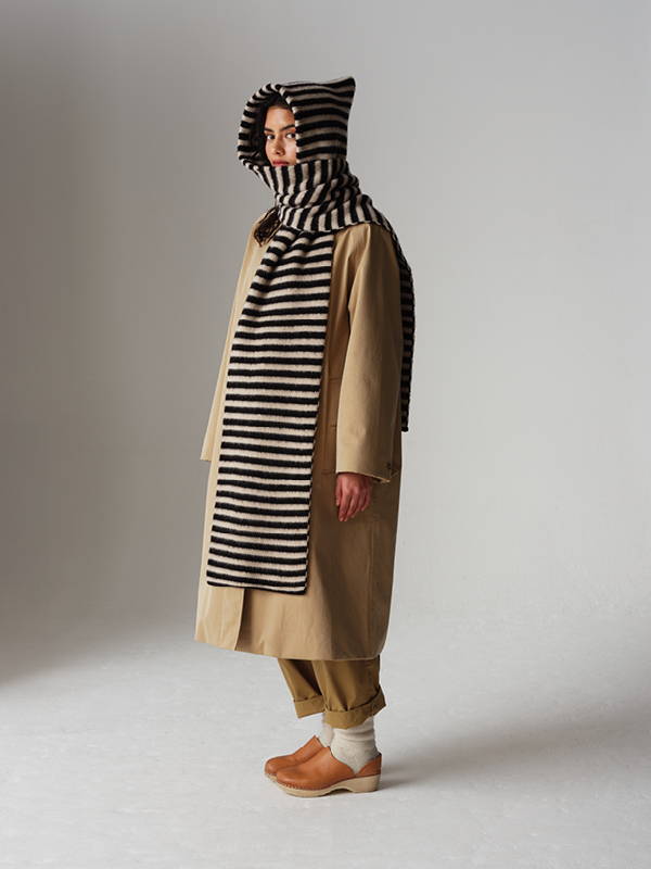 model wears Striped Brushed Hood Scarf