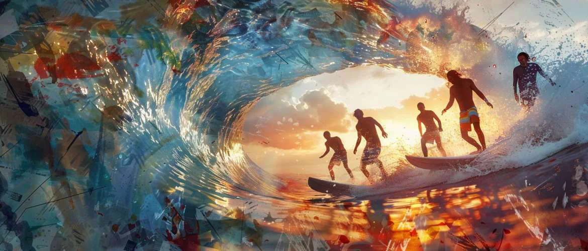 Illustration of surf therapy participants on a wave, symbolizing personal growth