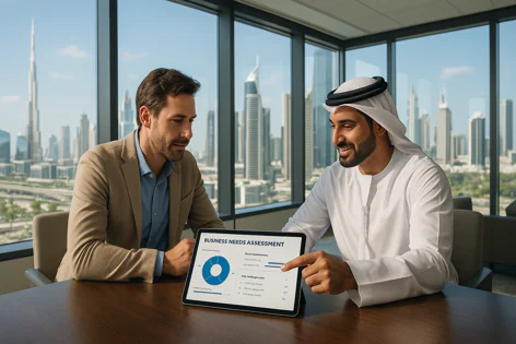 Two businessmen, one in a suit and the other in traditional Arabic attire, discuss a business needs assessment on a tablet in an office overlooking the Dubai skyline.
