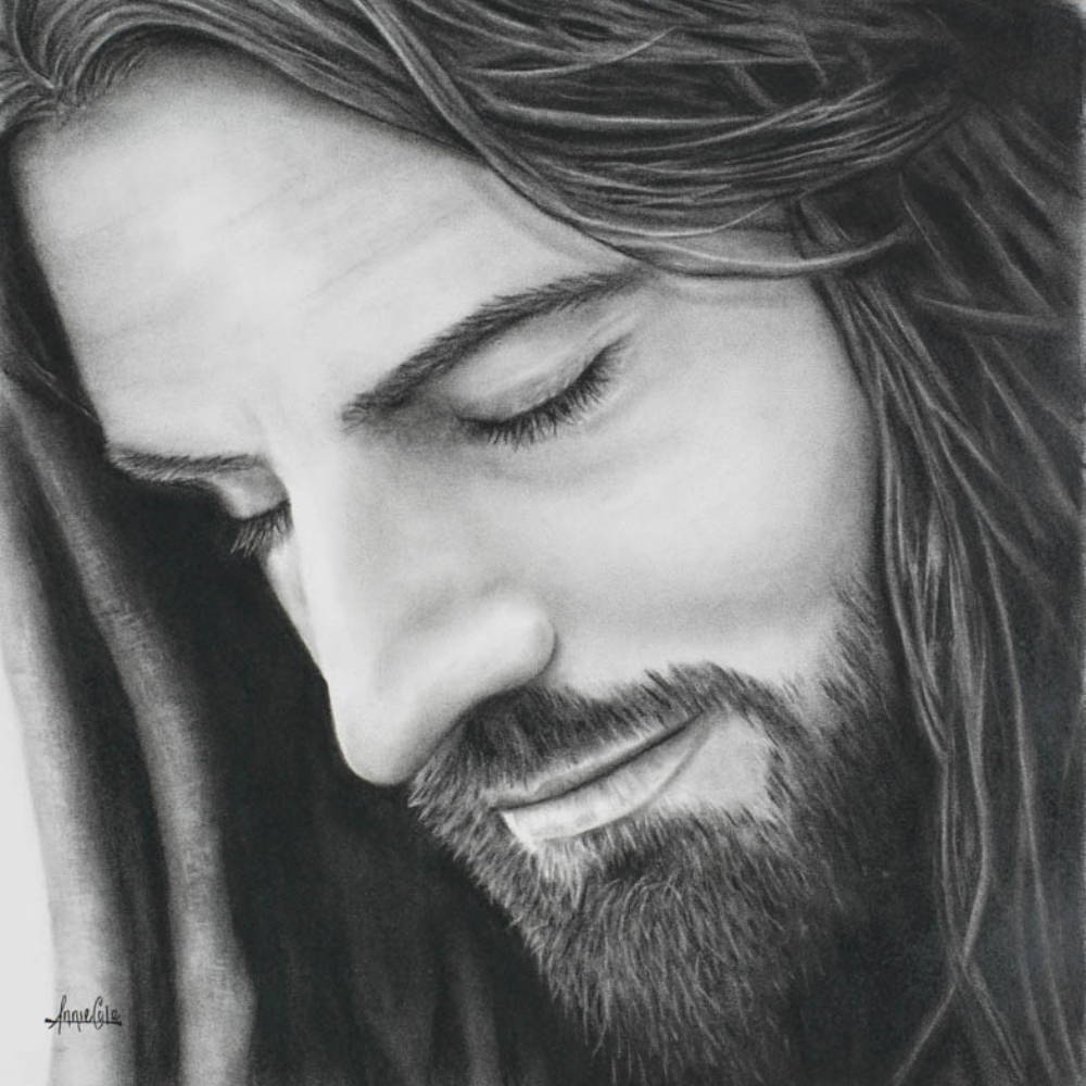 Sketched portrait of Jesus. His eyes are closed and he has a soft smile.