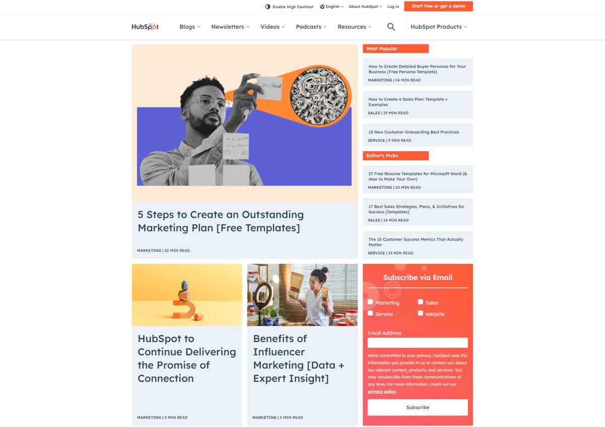 Screenshot of HubSpot Blog, from the blog design examples collection.