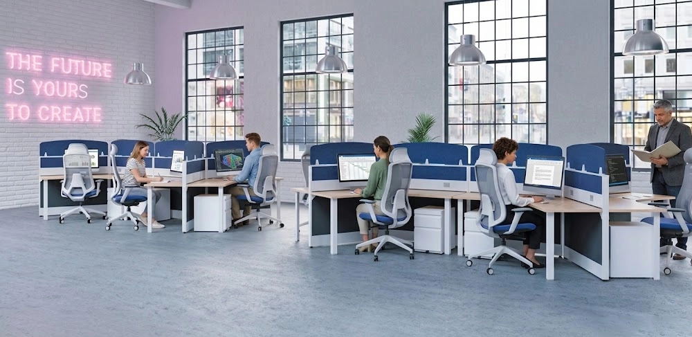 Oficina flexible con estaciones de trabajo modulares