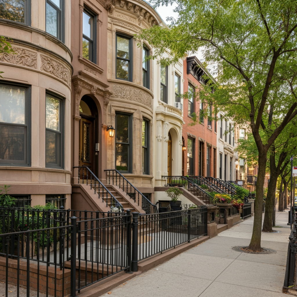 Historic Gold Coast streetscape showcasing a row of meticulously maintained 19th-century brownstones with ornate facades, wrought-iron fences, and mature trees lining the sidewalk. The scene captures the neighborhood's architectural heritage with warm afternoon light highlighting the limestone and brick details that command premium prices in the luxury market.